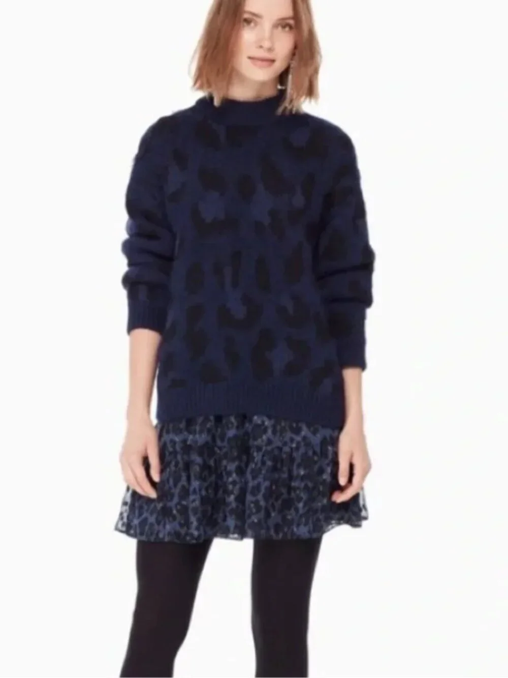 Kate Spade Navy Leopard Alpaca Wool Textured Crewneck Sweater